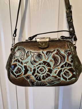 Patricia Nash Embroidered Floral Leather Crossbody Bag in Turquoise and Brown